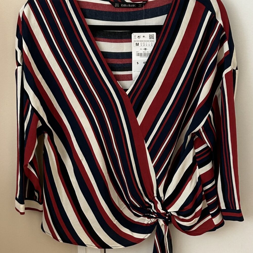 ZARA Basic - Red White Blue Striped Blouse - Medium - Brand New